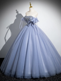 Stunning Ball Gown Blue A-Line Tulle Beads Long Sweet 16 Dresses HZ1024