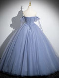 Stunning Ball Gown Blue A-Line Tulle Beads Long Sweet 16 Dresses HZ1024