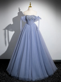 Stunning Ball Gown Blue A-Line Tulle Beads Long Sweet 16 Dresses HZ1024