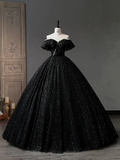 Simple A-Line Sweetheart Neck Tulle Sequin Black Long Prom Dress HZ1024