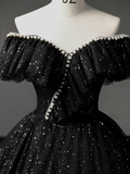 Simple A-Line Sweetheart Neck Tulle Sequin Black Long Prom Dress HZ1024