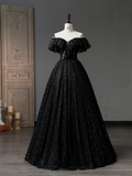 Simple A-Line Sweetheart Neck Tulle Sequin Black Long Prom Dress HZ1024