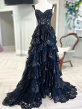 Cute A-Line Sweetheart Neck Tulle Sequin Black Long Prom Dress HZ1024