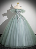 Ball Gown Off Shoulder Tulle Lace Green Long Sweet 16 Dresses HZ1024