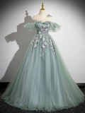 Ball Gown Off Shoulder Tulle Lace Green Long Sweet 16 Dresses HZ1024