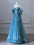 Simple A-Line Sweetheart Neck Tulle Blue Long Prom Dress HZ1024