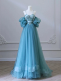 Simple A-Line Sweetheart Neck Tulle Blue Long Prom Dress HZ1024