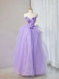 Cute Purple Sweetheart Neck Tulle Applique Long Prom Dress HZ1024