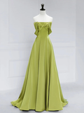 Simple A-Line Off Shoulder Green Satin Long Prom Dress HZ1024