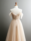 A-Line Off Shoulder Champagne Tulle Long Prom Dress HZ1024
