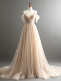 A-Line Off Shoulder Champagne Tulle Long Prom Dress HZ1024