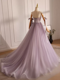 A-Line V Neck Tulle Beads Lilac Long Prom Dress HZ1024