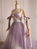 A-Line V Neck Tulle Beads Lilac Long Prom Dress HZ1024