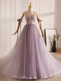 A-Line V Neck Tulle Beads Lilac Long Prom Dress HZ1024