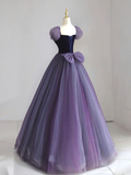 A-Line Puff sleeves Tulle Velvet Purple Long Prom Dress HZ1024