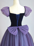 A-Line Puff sleeves Tulle Velvet Purple Long Prom Dress HZ1024