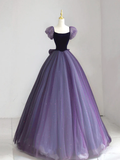 A-Line Puff sleeves Tulle Velvet Purple Long Prom Dress HZ1024