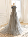 A Line Gray Tulle Sequin Long Prom Dress HZ1024