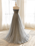 A Line Gray Tulle Sequin Long Prom Dress HZ1024