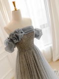 A Line Gray Tulle Sequin Long Prom Dress HZ1024
