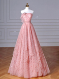 A-Line Pink Tulle Long Prom Dress HZ1024