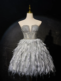 Gray Sweetheart Neck Tulle Beads Feather Homecoming Dresses HZ1024