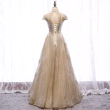 A line High Neckline Sequin Long Gold Prom Dress HZ1024