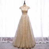 A line High Neckline Sequin Long Gold Prom Dress HZ1024