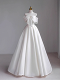 Simple A-Line Off The Shoulder Satin White Long Wedding Dresses HZ1024
