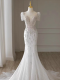 Luxury Mermaid Short Sleeves White Long Wedding Dresses HZ1024