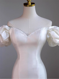 Vintage Mermaid Off the Shoulder Short Sleeves White Satin Wedding Dresses HZ1024