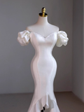Vintage Mermaid Off the Shoulder Short Sleeves White Satin Wedding Dresses HZ1024