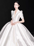 Vintage Ball Gown V neckline White Satin Long Wedding Dresses HZ1024