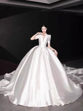 Vintage Ball Gown V neckline White Satin Long Wedding Dresses HZ1024