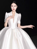 Vintage Ball Gown V neckline White Satin Long Wedding Dresses HZ1024