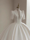 Vintage Ball Gown V neckline White Satin Long Wedding Dresses HZ1024
