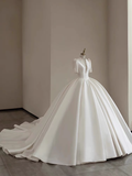 Vintage Ball Gown V neckline White Satin Long Wedding Dresses HZ1024