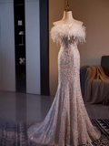 Mermaid Strapless Sequin Long Feather Prom Dress HZ1024