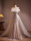 Mermaid Strapless Sequin Long Feather Prom Dress HZ1024