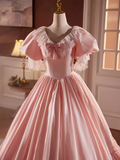 Vintage Ball Gown Pink Short Sleeves Lace Sweet 16 Dresses HZ1024