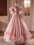 Vintage Ball Gown Pink Short Sleeves Lace Sweet 16 Dresses HZ1024