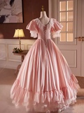 Vintage Ball Gown Pink Short Sleeves Lace Sweet 16 Dresses HZ1024