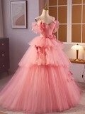Vintage Ball Gown Short Sleeves Pink Flowers Sweet 16 Dresses HZ1024