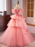 Vintage Ball Gown Short Sleeves Pink Flowers Sweet 16 Dresses HZ1024