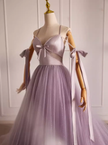 Modest A line Straps Tulle Long Lilac Prom Dress HZ1024