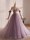 Modest A line Straps Tulle Long Lilac Prom Dress HZ1024