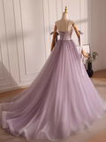 Modest A line Straps Tulle Long Lilac Prom Dress HZ1024