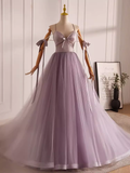 Modest A line Straps Tulle Long Lilac Prom Dress HZ1024