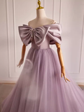 Modest A line Off The Shoulder Tulle Long Lilac Prom Dress HZ1024