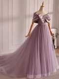 Modest A line Off The Shoulder Tulle Long Lilac Prom Dress HZ1024
